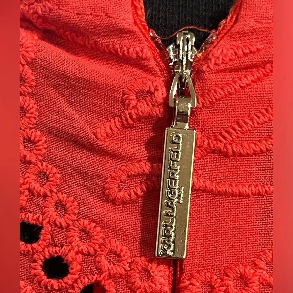 Karl Lagerfeld PARIS CIRCLE ICON CORAL EYELET MINI PUFF SLEEVE DRESS SIZE 8